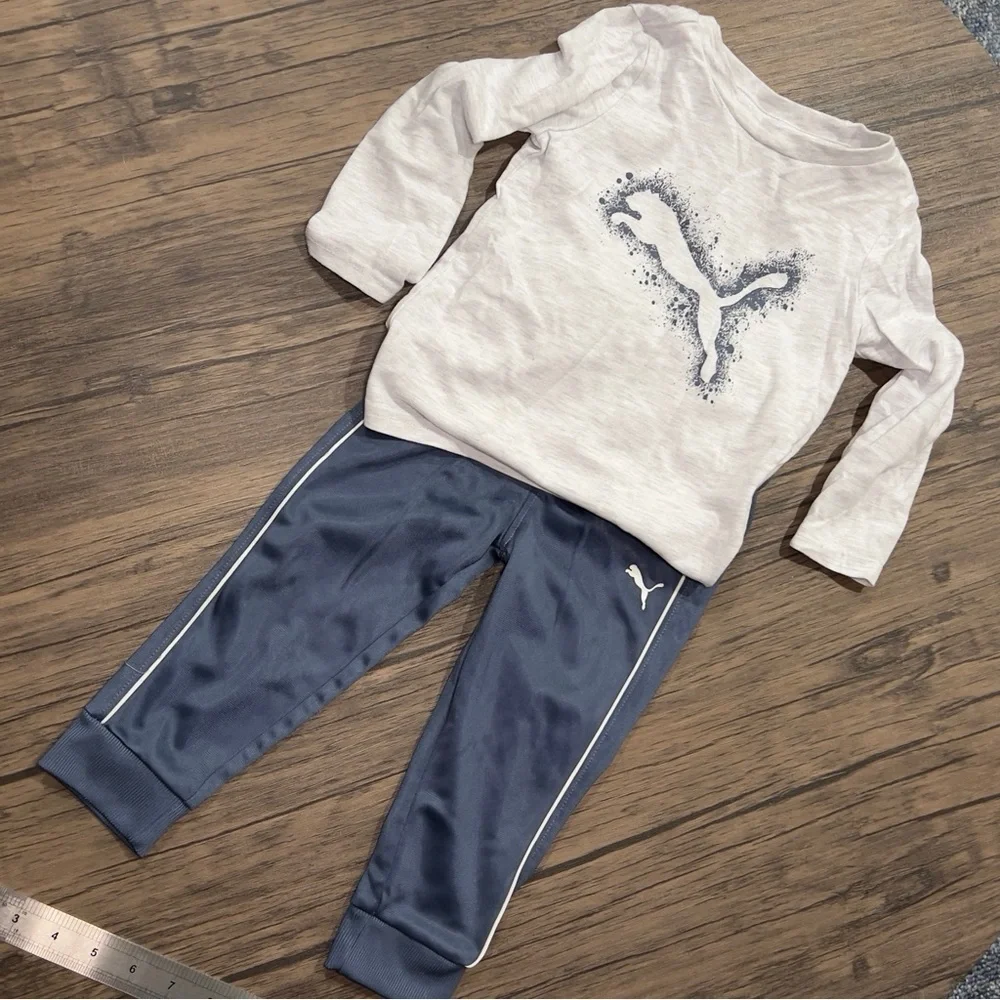 PUMA Outfit Elastic Waist Blue Pants. Heather Grey Long Sleeve Puma Logo… - Picture 3 of 10